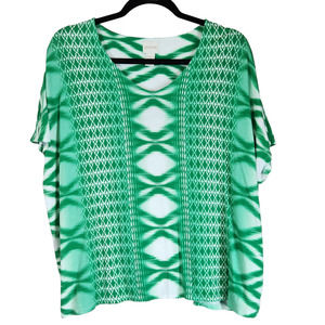 Chico's Women Top Shirt Blouse Size 1 Medium Green White Short Sleeve Boxy Event